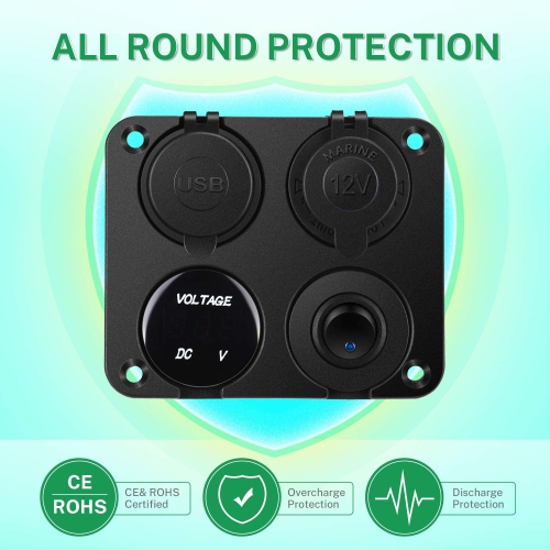 12V Marine Car Charger Socket Panel, 4 in 1 Waterproof Boat Cell Phone Rocker Switch Panel with 12 Volt Dual USB Power Outlet Cigarette Lighter