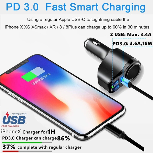 4 in 1 USB C Car Charger, 36W Multi USB Cigarette Lighter Adapter, Socket Splitter with 3 USB Ports, 12V/24V Dual USB Type C PD Fast Car Charger