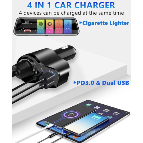 4 in 1 USB C Car Charger, 36W Multi USB Cigarette Lighter Adapter, Socket Splitter with 3 USB Ports, 12V/24V Dual USB Type C PD Fast Car Charger