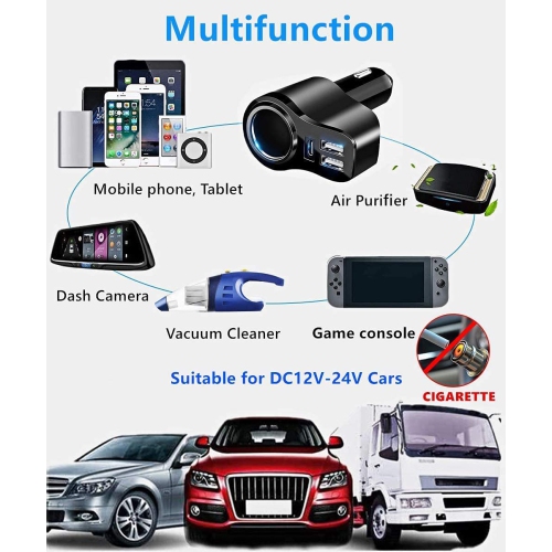 4 in 1 USB C Car Charger, 36W Multi USB Cigarette Lighter Adapter, Socket Splitter with 3 USB Ports, 12V/24V Dual USB Type C PD Fast Car Charger