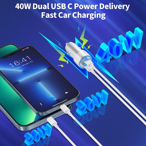 Chargeur rapide pour l’auto iPhone, adaptateur de chargeur rapide double USB-C de 40 W pour l’auto avec 2 câbles USB-C à Lightning certifiés MFi pour