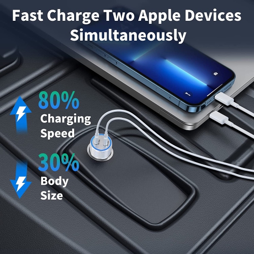 Chargeur rapide pour l’auto iPhone, adaptateur de chargeur rapide double USB-C de 40 W pour l’auto avec 2 câbles USB-C à Lightning certifiés MFi pour