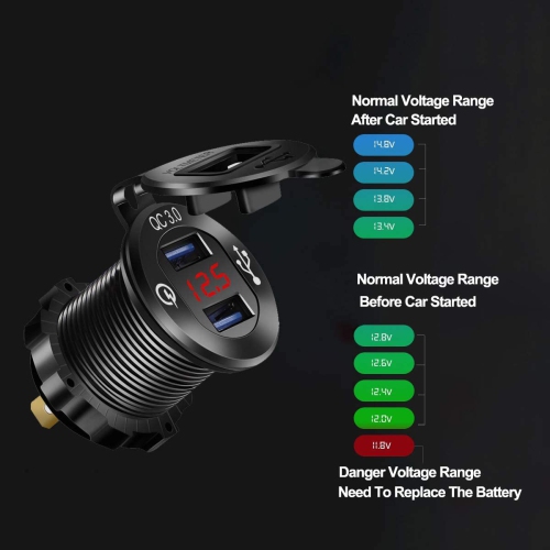 Aluminium Car Charger Quick Charge 3.0 Dual USB Phone Charger Socket Waterproof USB Power Outlet with Voltmeter 10A Fuse for 12V/24V Car Boat Marine