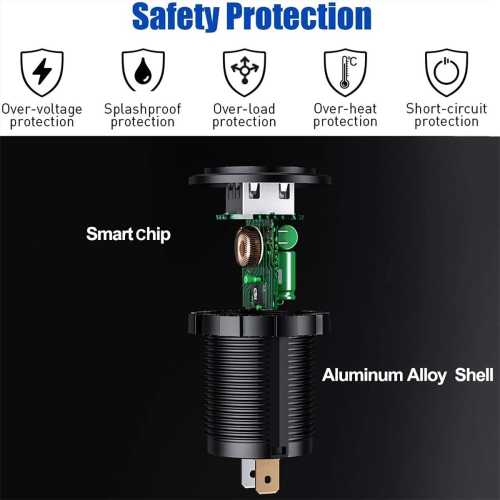 Aluminium Car Charger Quick Charge 3.0 Dual USB Phone Charger Socket Waterproof USB Power Outlet with Voltmeter 10A Fuse for 12V/24V Car Boat Marine