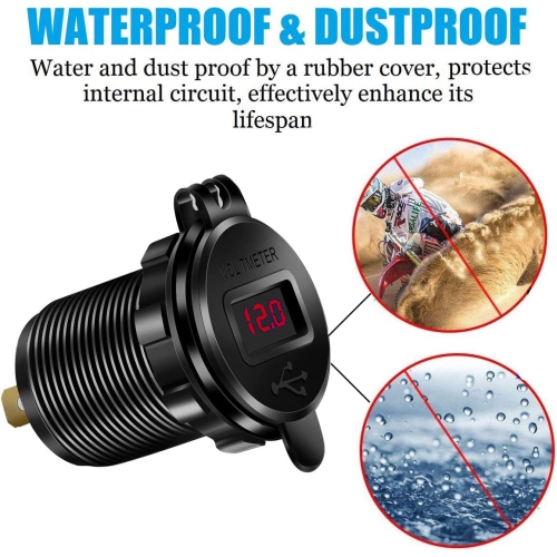 Aluminium Car Charger Quick Charge 3.0 Dual USB Phone Charger Socket Waterproof USB Power Outlet with Voltmeter 10A Fuse for 12V/24V Car Boat Marine