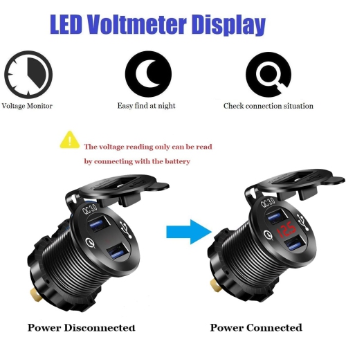 Aluminium Car Charger Quick Charge 3.0 Dual USB Phone Charger Socket Waterproof USB Power Outlet with Voltmeter 10A Fuse for 12V/24V Car Boat Marine
