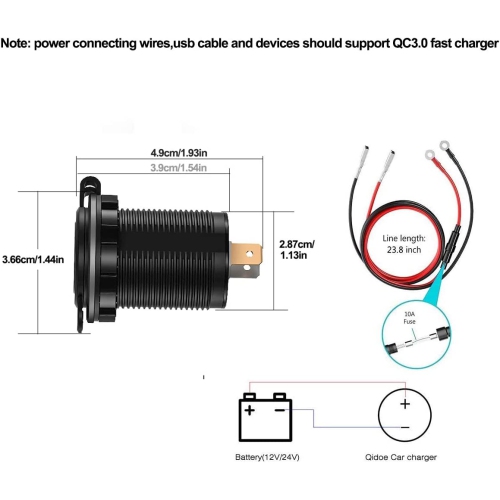 Aluminium Car Charger Quick Charge 3.0 Dual USB Phone Charger Socket Waterproof USB Power Outlet with Voltmeter 10A Fuse for 12V/24V Car Boat Marine