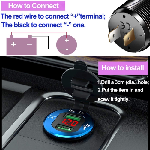 Aluminium Car Charger Quick Charge 3.0 Dual USB Phone Charger Socket Waterproof USB Power Outlet with Voltmeter 10A Fuse for 12V/24V Car Boat Marine