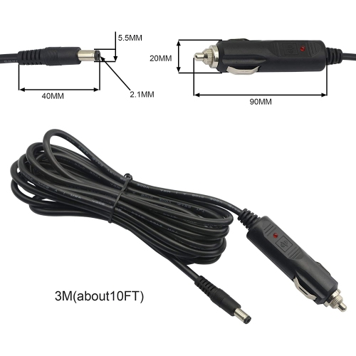 12V 24 V DC 5.5mm x 2.1mm Car Cigarette Lighter Extension Power Supply Adapter Cable with LED for Car Truck Bus Van(10FT)