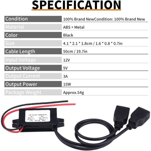 Dc To Dc Charger Converter, 3A DC 12V to DC 5V Dual USB Charger Adapter Converter Module Dual Power Adapter DC To DC Buck Converter Step Down Power