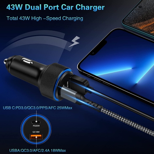 Car Charger,43W USB C Car Charger 2Pack PD Fast Charge [USB C +USB A ],Cigarette Lighter Adapter Work for iPhone 13 12 11 Pro Max Mini XR X 8 iPad