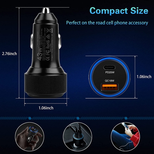Car Charger,43W USB C Car Charger 2Pack PD Fast Charge [USB C +USB A ],Cigarette Lighter Adapter Work for iPhone 13 12 11 Pro Max Mini XR X 8 iPad