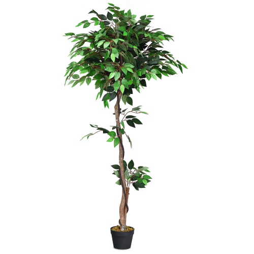 GYMAX  Artificial Ficus Silk Tree Wood Trunks 5.5 Feet Holiday Decor In Green