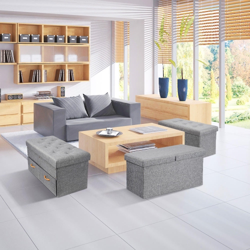30" Folding Storage Ottoman Bench, Storage Chest/Footrest/Padded Seat, Poly Linen Storage Organizer