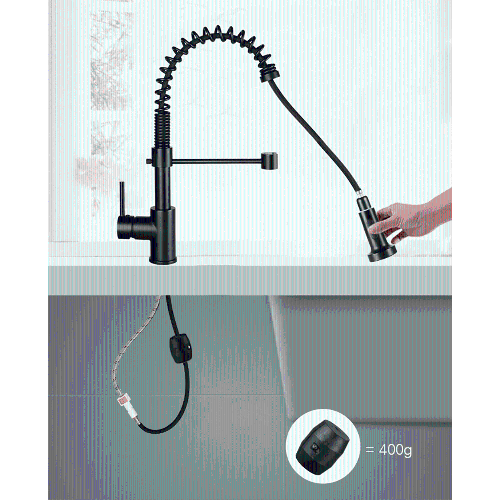 Robinet d'évier de cuisine avec pulvérisateur à ressort à poignée unique et eau froide et chaude, noir mat - LIVINGbasics®