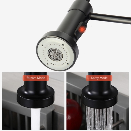 Robinet d'évier de cuisine avec pulvérisateur à ressort à poignée unique et eau froide et chaude, noir mat - LIVINGbasics®