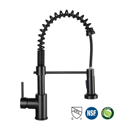 Robinet d'évier de cuisine avec pulvérisateur à ressort à poignée unique et eau froide et chaude, noir mat - LIVINGbasics®