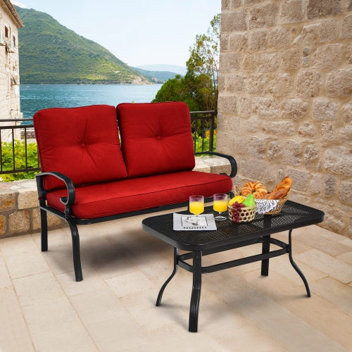 GYMAX  2PCs Patio Loveseat & Table Set Conversation Sofa Set W/ Cushions In Red