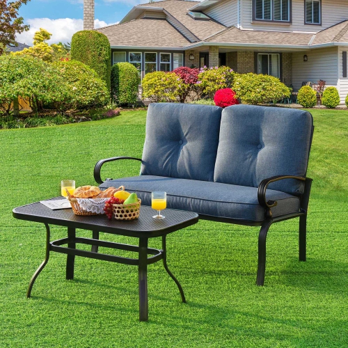 Gymax 2PCS Patio Loveseat & Table Set Conversation Sofa Set w/ Blue Cushions