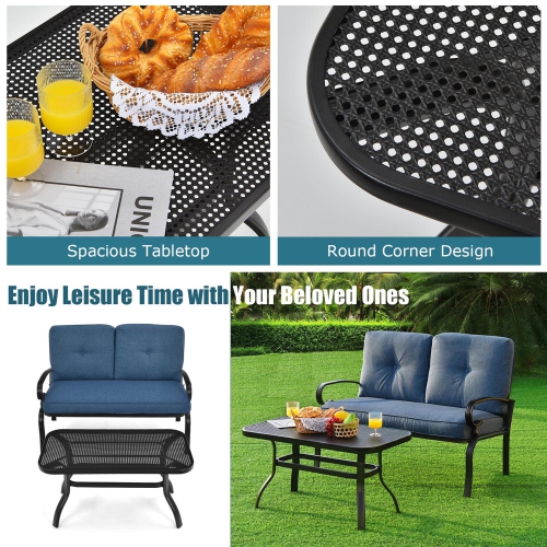 Gymax 2PCS Patio Loveseat & Table Set Conversation Sofa Set w/ Blue Cushions