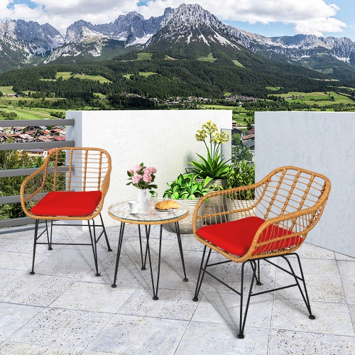 GYMAX  3PCs Rattan Patio Bistro Set Conversation Furniture Set W/ Cushions
