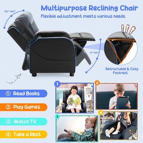 Gymax Kids Recliner Chair Ergonomic Leather Sofa Armchair w/Footrest Side Pocket