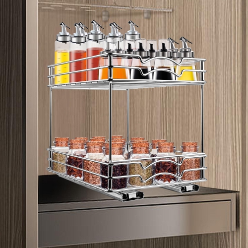 8-Inch Wide Kitchen Slide Out Cabinet Organizer 2-Tier Pull Out Spice Rack Holds up to 40 jars