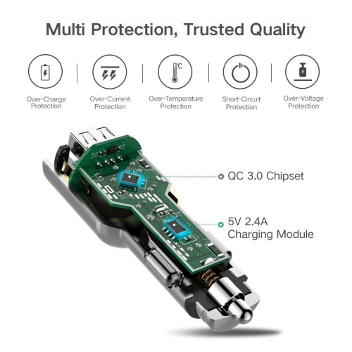 Chargeur pour l’auto QC 3.0 en métal à deux ports avec câble USB 3.0 A à USB-C tressé [3 pi]