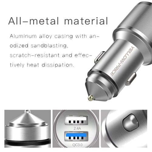 Chargeur pour l’auto QC 3.0 en métal à deux ports avec câble USB 3.0 A à USB-C tressé [3 pi]