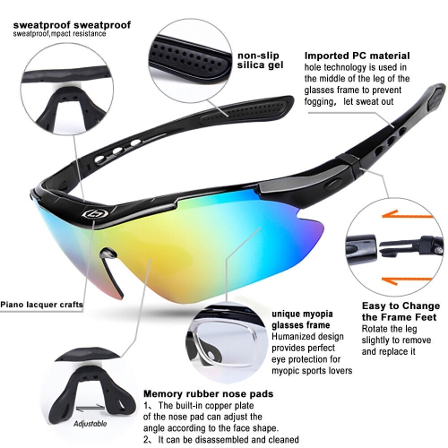 Sports Cycling Sunglasses, Bicycle Glasses w/ 5 Interchangeable  Lenses-Ergonomic