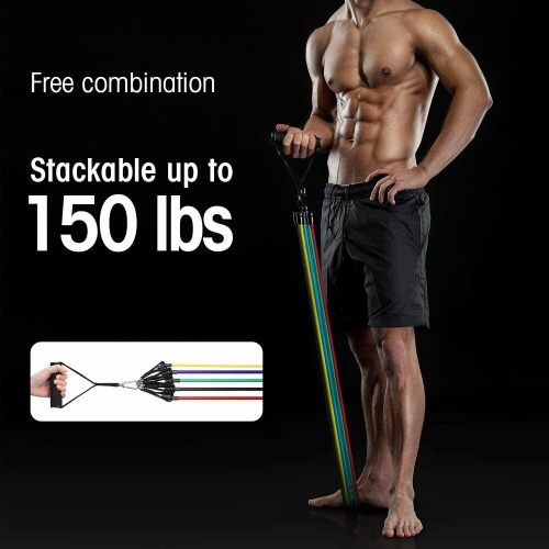 11 Pack Exercise Bands Stackable up to 150lb w/Door Anchor & Handles for Fitness