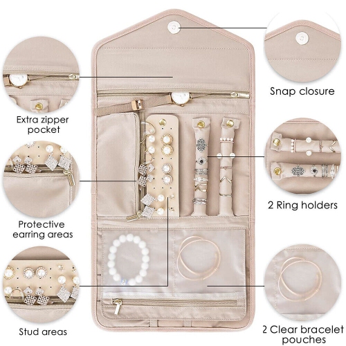 Lightweight Foldable Jewelry Bag Case with Zippered Pockets & Magnetic Closure