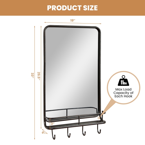 Costway Wall Bathroom Mirror w/ Shelf Hooks Sturdy Metal Frame for Bedroom Living Room