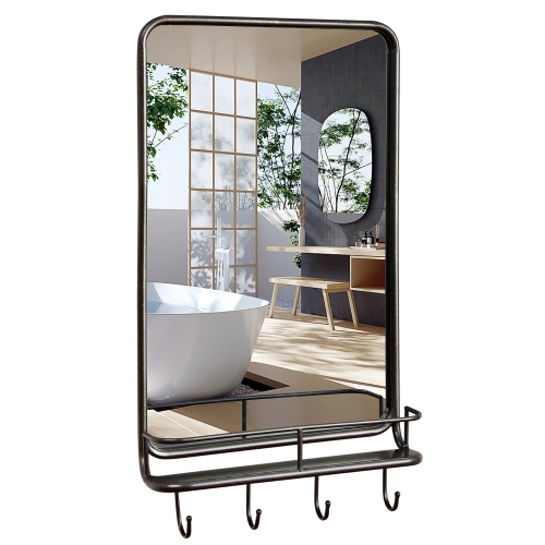 Costway Wall Bathroom Mirror w/ Shelf Hooks Sturdy Metal Frame for Bedroom Living Room