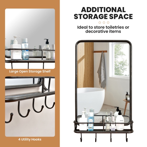 Costway Wall Bathroom Mirror w/ Shelf Hooks Sturdy Metal Frame for Bedroom Living Room