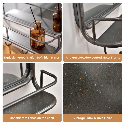 Costway Wall Bathroom Mirror w/ Shelf Hooks Sturdy Metal Frame for Bedroom Living Room