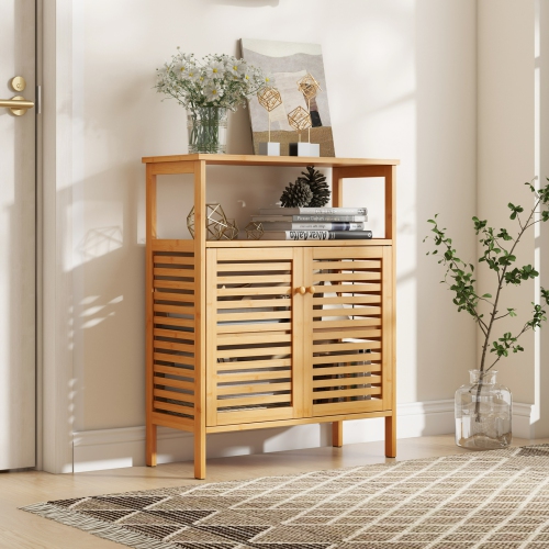 Costway Bamboo Storage Cabinet with Double Louvered Doors Open Shelf & Removable Shelf