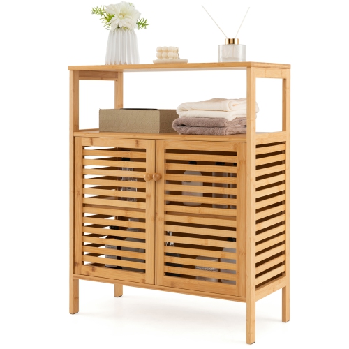 Costway Bamboo Storage Cabinet with Double Louvered Doors Open Shelf & Removable Shelf