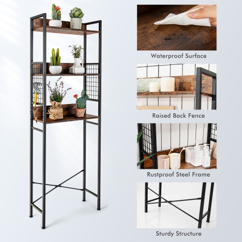 Costway 3-Tier Over-The-Toilet Storage Rack Bathroom Organizer Space Saver Rustic Brown