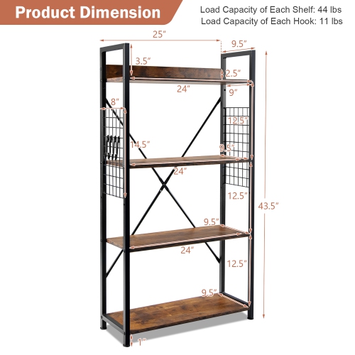Costway 4 -Tier Industrial Bookshelf Open Storage Bookcase Display Shelf for Home Office