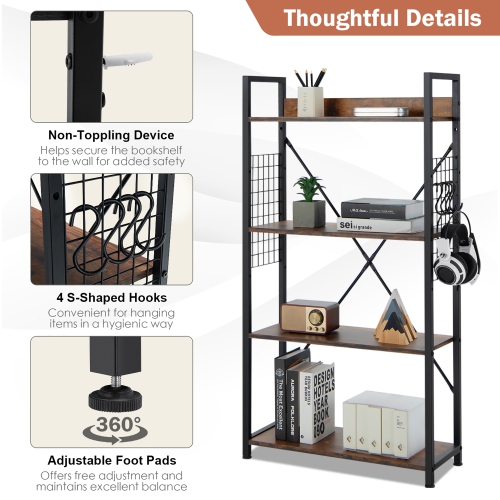 Costway 4 -Tier Industrial Bookshelf Open Storage Bookcase Display Shelf for Home Office