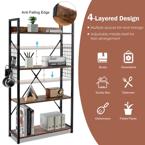 Costway 4 -Tier Industrial Bookshelf Open Storage Bookcase Display Shelf for Home Office