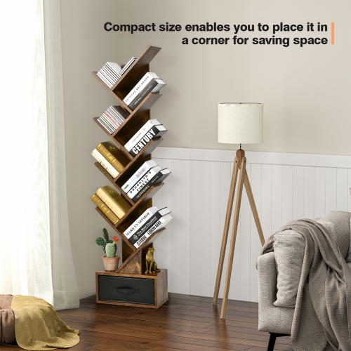 Costway 10-tier Tree Bookshelf with Drawer Free-standing Bookcase Storage Shelf