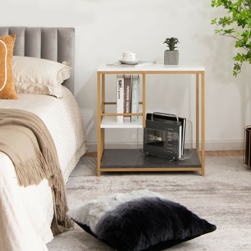 3-Tier Sofa Side Table with Golden Polished Steel Frame and Open Storage Shelf-Golden