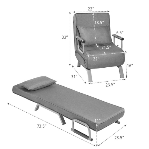 5-Position Folding Convertible Sleeper Armchair Lounge Couch with Pillow
