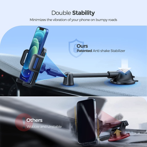 Car Phone Holder Mount, Long Arm Dashboard Whindshield Phone Holder with Anti-Shake Device, Strong Suction Cup Car Mount Compatible with iPhone 13 12