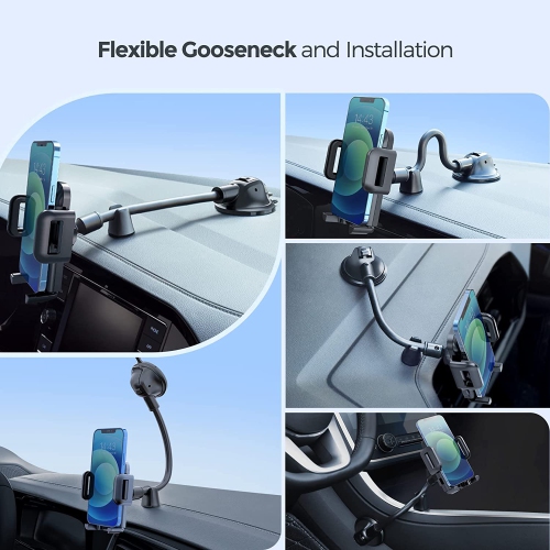 Car Phone Holder Mount, Long Arm Dashboard Whindshield Phone Holder with Anti-Shake Device, Strong Suction Cup Car Mount Compatible with iPhone 13 12