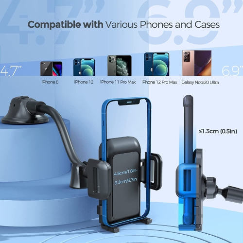 Car Phone Holder Mount, Long Arm Dashboard Whindshield Phone Holder with Anti-Shake Device, Strong Suction Cup Car Mount Compatible with iPhone 13 12