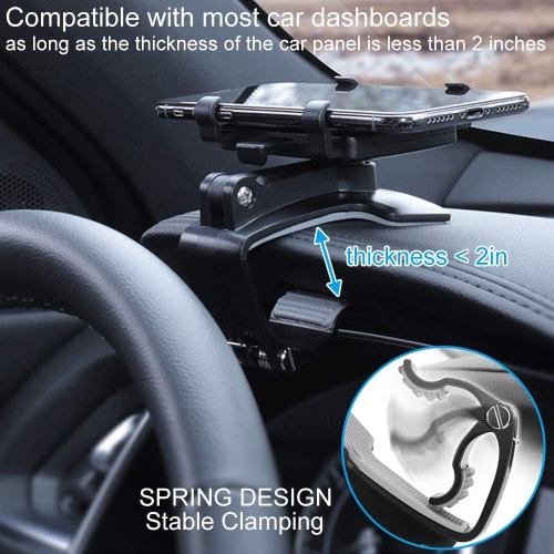 Dashboard Car Phone Holder Mount with 360 Degree Rotation, Cell Phone Stand Suitable for 4 to 7 inch Smartphones, Universal Car Clip Mount Stand