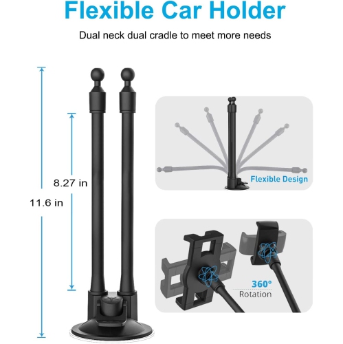 Dual Car Tablet Mount, Windshield Car Window Phone & Tablet Holder with Double Long Arm Suction Cup for iPad Pro 9.7, 11, 12.9 Air Mini 5 4 3 2,